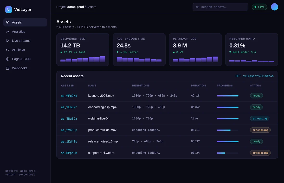VidLayer — asset dashboard